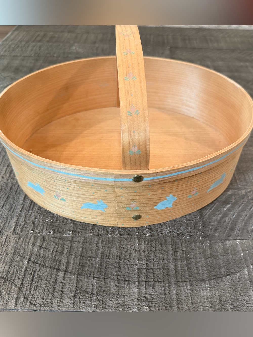 Vintage Wooden Easter Basket Bentwood Bunny Rabbit Floral Hand Painted 12”